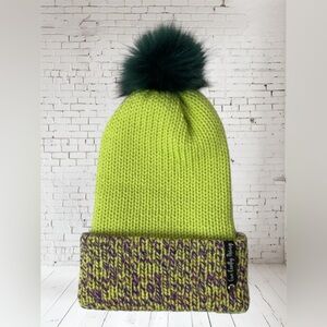 NWT Winter Neon Beanie Hat Brim Pom Double Layered, Reversible, Small Head Size